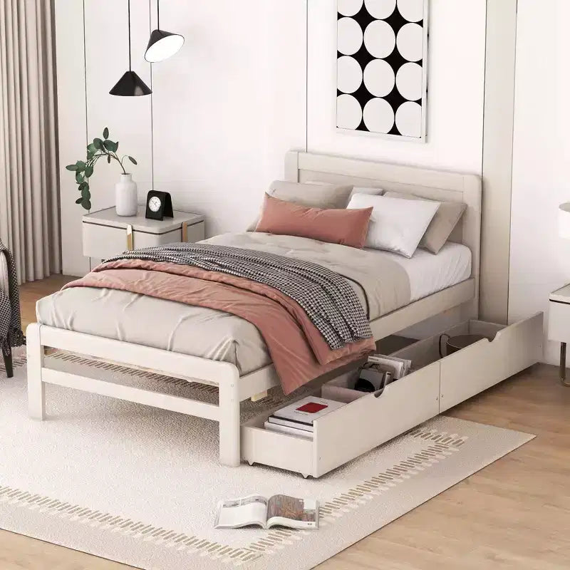 Letto a Piattaforma Gemello con Letto Estraibile e 2 Cassetti – Grigio / Noce / Bianco Decapato, 2 Posti Letto