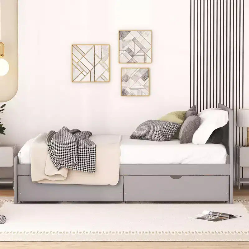 Letto a Piattaforma Gemello con Letto Estraibile e 2 Cassetti – Grigio / Noce / Bianco Decapato, 2 Posti Letto