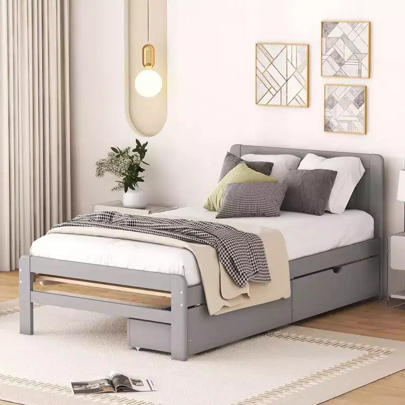 Letto a Piattaforma Gemello con Letto Estraibile e 2 Cassetti – Grigio / Noce / Bianco Decapato, 2 Posti Letto