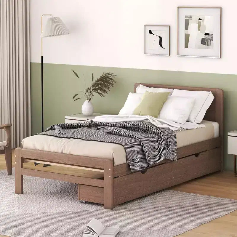 Letto a Piattaforma Gemello con Letto Estraibile e 2 Cassetti – Grigio / Noce / Bianco Decapato, 2 Posti Letto