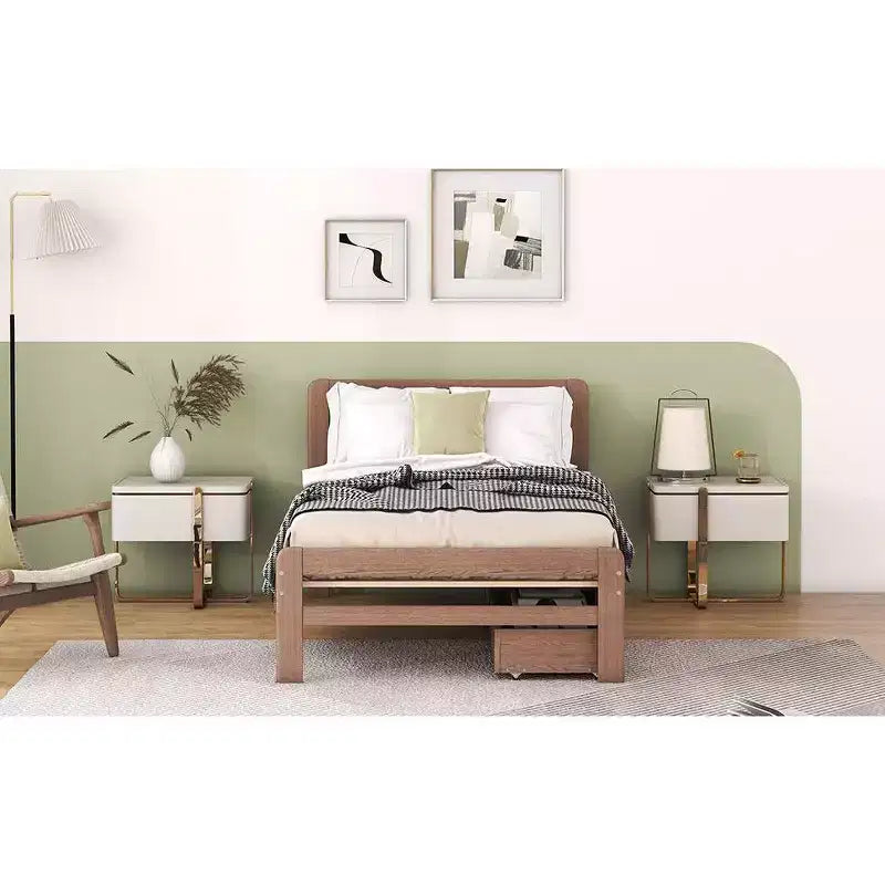 Letto a Piattaforma Gemello con Letto Estraibile e 2 Cassetti – Grigio / Noce / Bianco Decapato, 2 Posti Letto