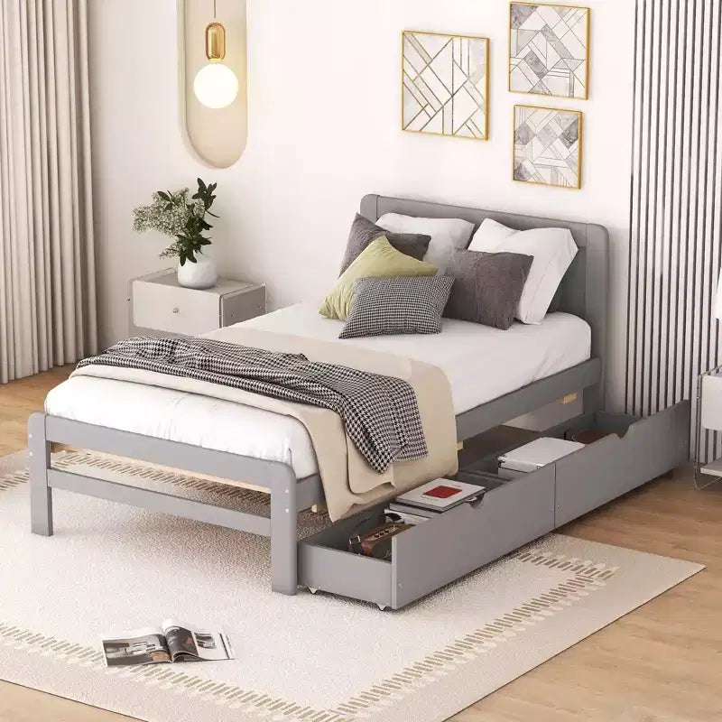 Letto a Piattaforma Gemello con Letto Estraibile e 2 Cassetti – Grigio / Noce / Bianco Decapato, 2 Posti Letto