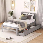 Letto a Piattaforma Gemello con Letto Estraibile e 2 Cassetti – Grigio / Noce / Bianco Decapato, 2 Posti Letto