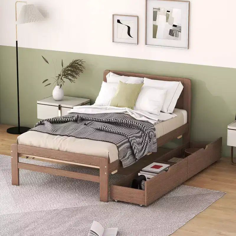 Letto a Piattaforma Gemello con Letto Estraibile e 2 Cassetti – Grigio / Noce / Bianco Decapato, 2 Posti Letto