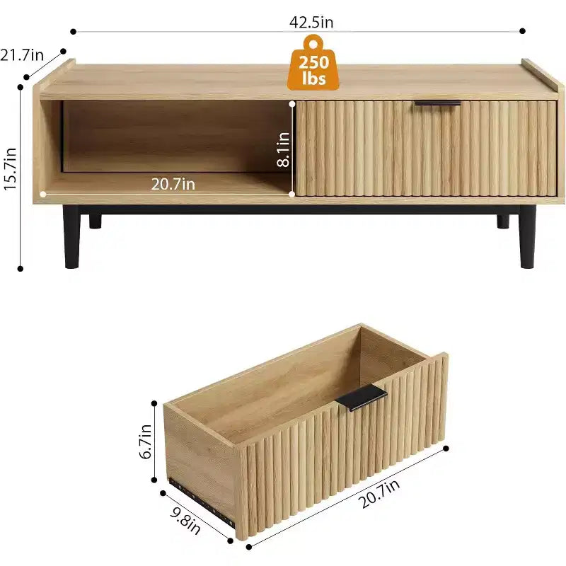 Tavolino da caffè scanalato beige con 2 cassetti e ripiano aperto, rettangolare, per 1 persona