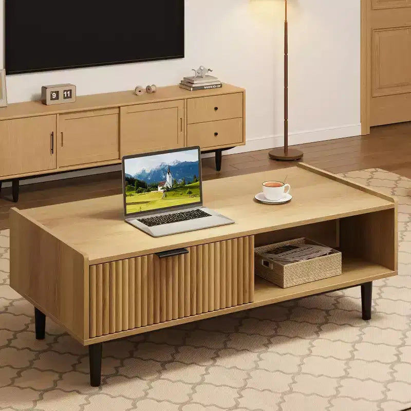 Tavolino da caffè scanalato beige con 2 cassetti e ripiano aperto, rettangolare, per 1 persona