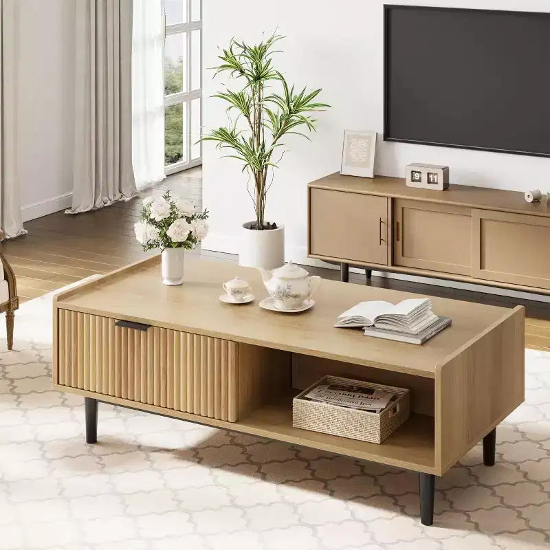 Tavolino da caffè scanalato beige con 2 cassetti e ripiano aperto, rettangolare, per 1 persona