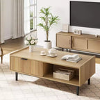 Tavolino da caffè scanalato beige con 2 cassetti e ripiano aperto, rettangolare, per 1 persona
