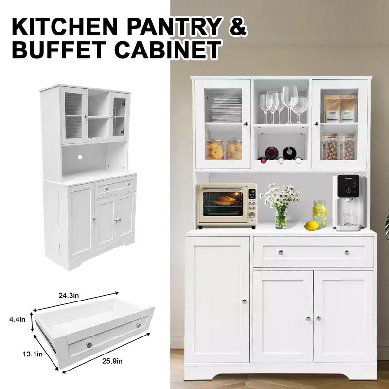 Dispensa da cucina autoportante bianca con ante in vetro, portabottiglie e cassetto