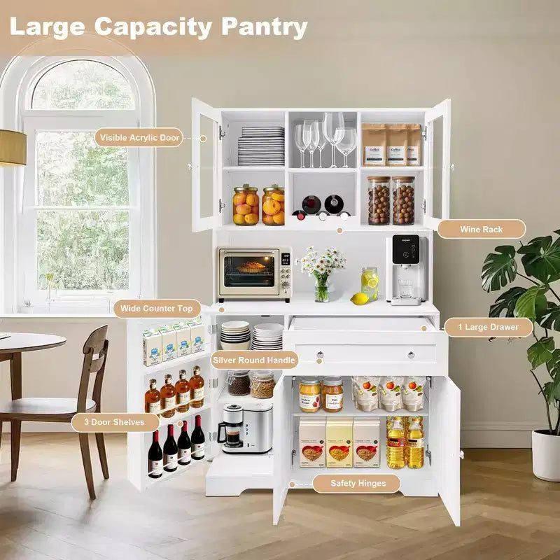 Dispensa da cucina autoportante bianca con ante in vetro, portabottiglie e cassetto