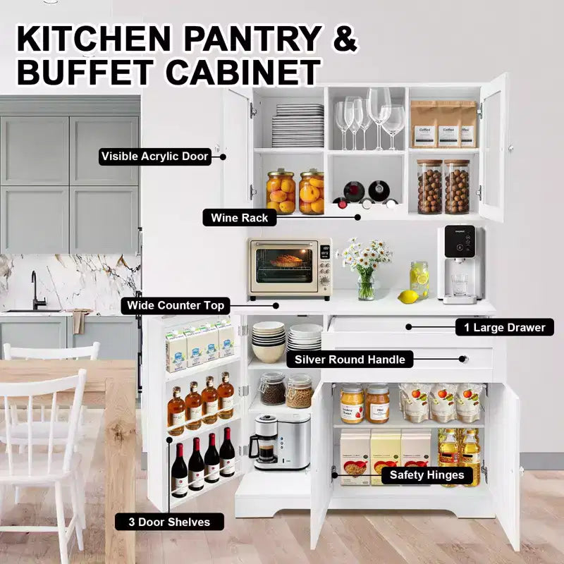 Dispensa da cucina autoportante bianca con ante in vetro, portabottiglie e cassetto