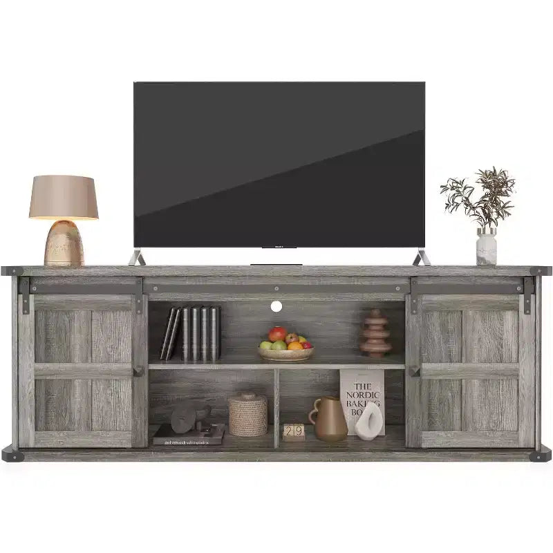 Porta TV rustico da 70" con ante scorrevoli a fienile, adatto per TV fino a 75"