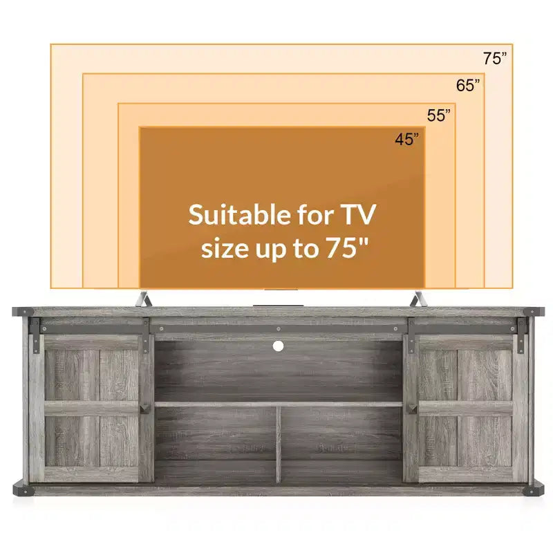 Porta TV rustico da 70" con ante scorrevoli a fienile, adatto per TV fino a 75"