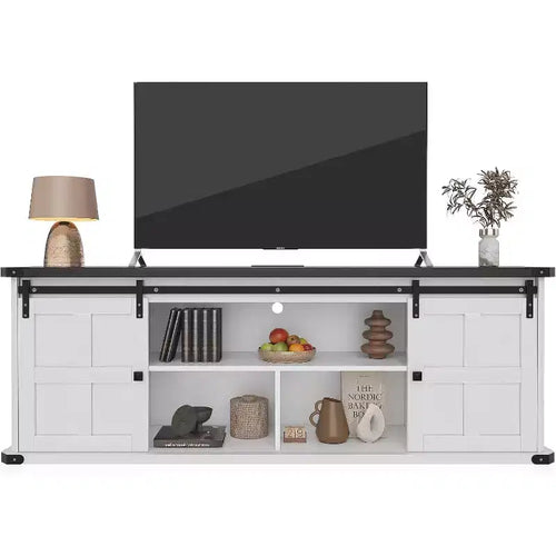 Porta TV rustico da 70" con ante scorrevoli a fienile, adatto per TV fino a 75"