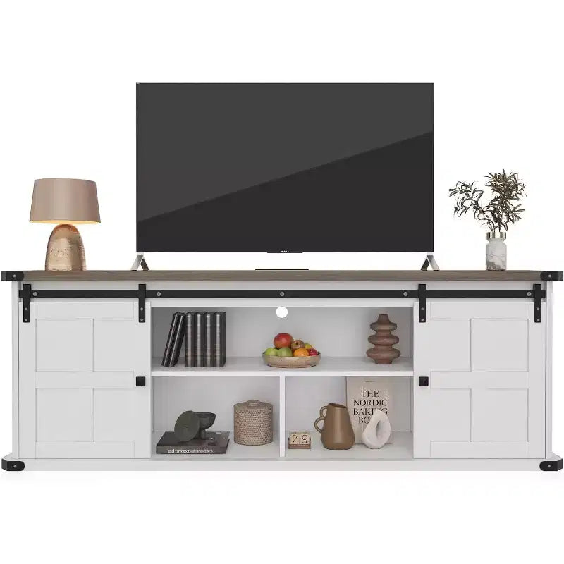 Porta TV rustico da 70" con ante scorrevoli a fienile, adatto per TV fino a 75"
