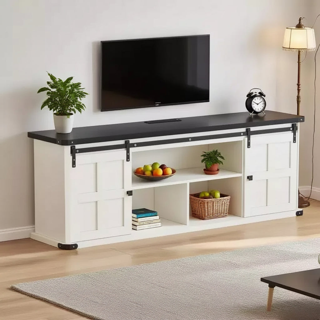 TROPOW 70 TV Stand for 75 Inch TVs, Farmhouse Entertainment Center with Sliding Barn Doors and Storage Cabinets, Modern Media TV Console Table