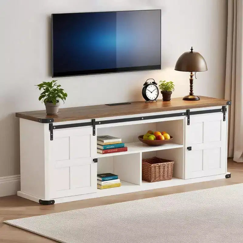Porta TV rustico da 70" con ante scorrevoli a fienile, adatto per TV fino a 75"