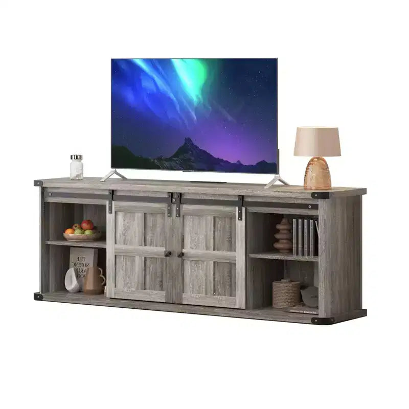 Porta TV rustico da 70" con ante scorrevoli a fienile, adatto per TV fino a 75"