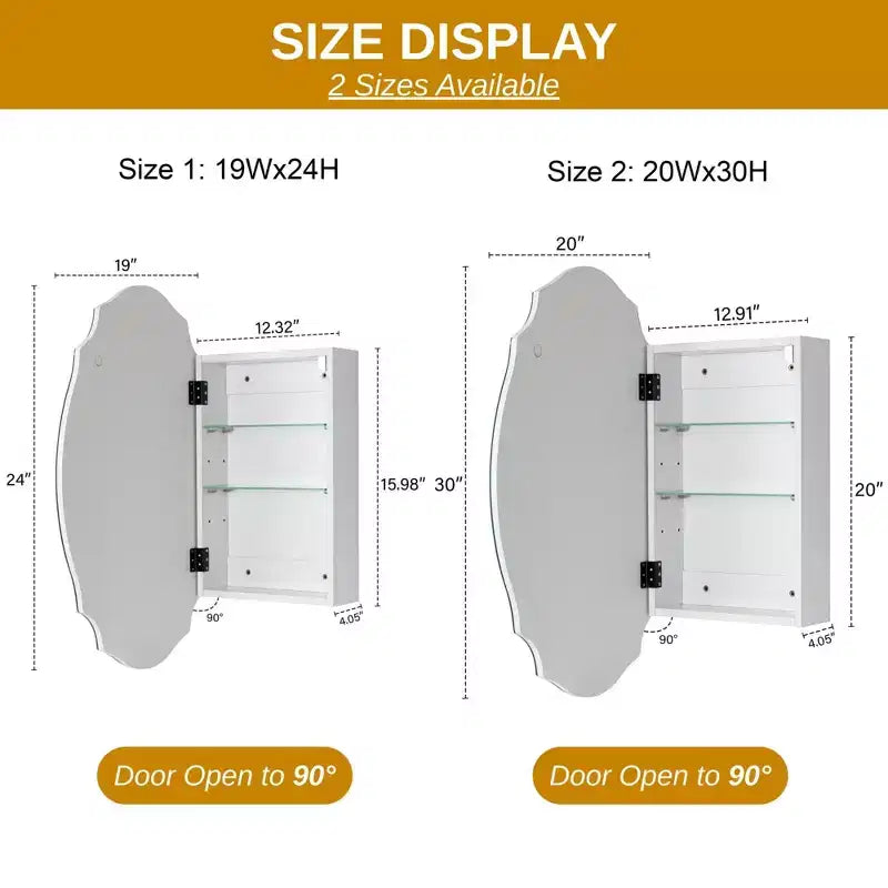 Pensile per medicinali a superficie, senza cornice, a forma ovale irregolare bianca, 1 anta, 2 ripiani, 20"L x 30"A