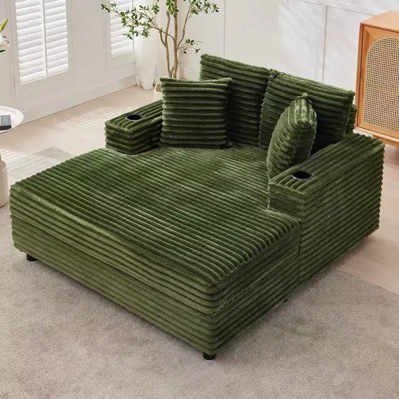 Divano Chaise Longue in Velluto a Coste Verde, Divano Letto Imbottito a 2 Posti con 4 Cuscini e Portabicchieri