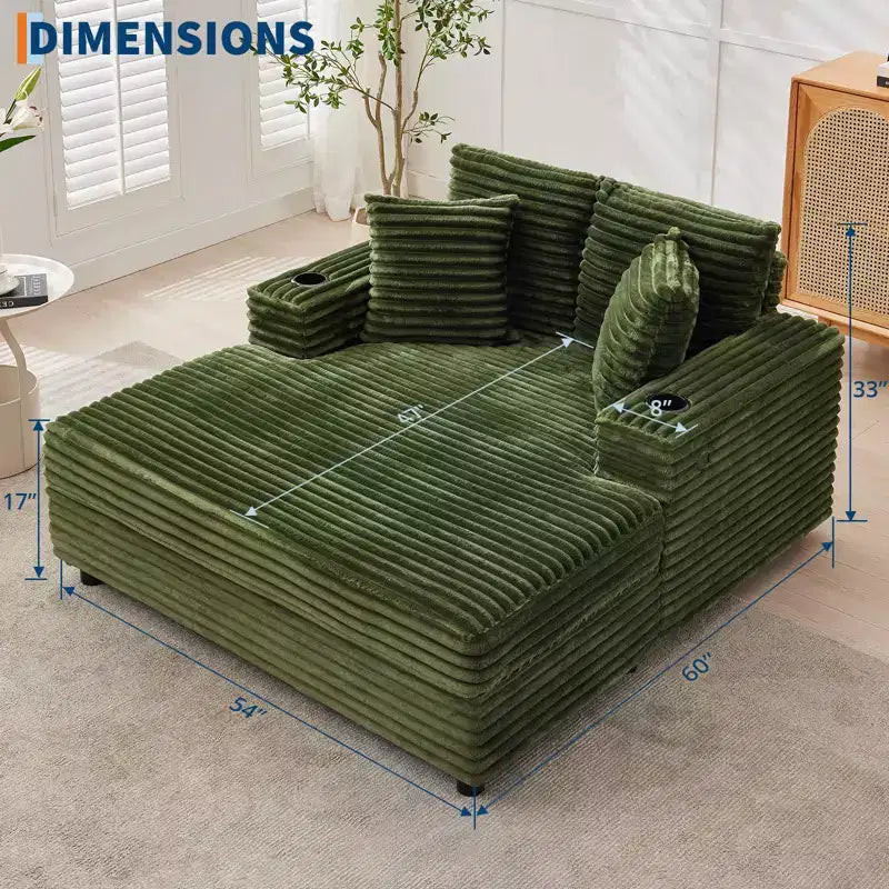 Divano Chaise Longue in Velluto a Coste Verde, Divano Letto Imbottito a 2 Posti con 4 Cuscini e Portabicchieri