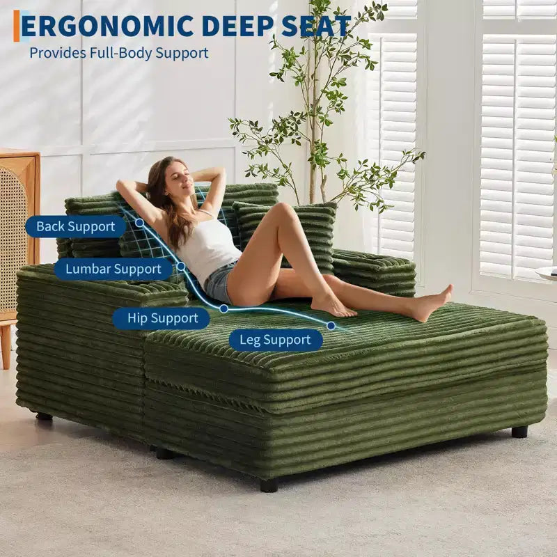 Divano Chaise Longue in Velluto a Coste Verde, Divano Letto Imbottito a 2 Posti con 4 Cuscini e Portabicchieri