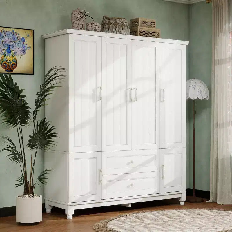 Armadio bianco in legno a 4 ante con 2 cassetti, asta appendiabiti e ripiani