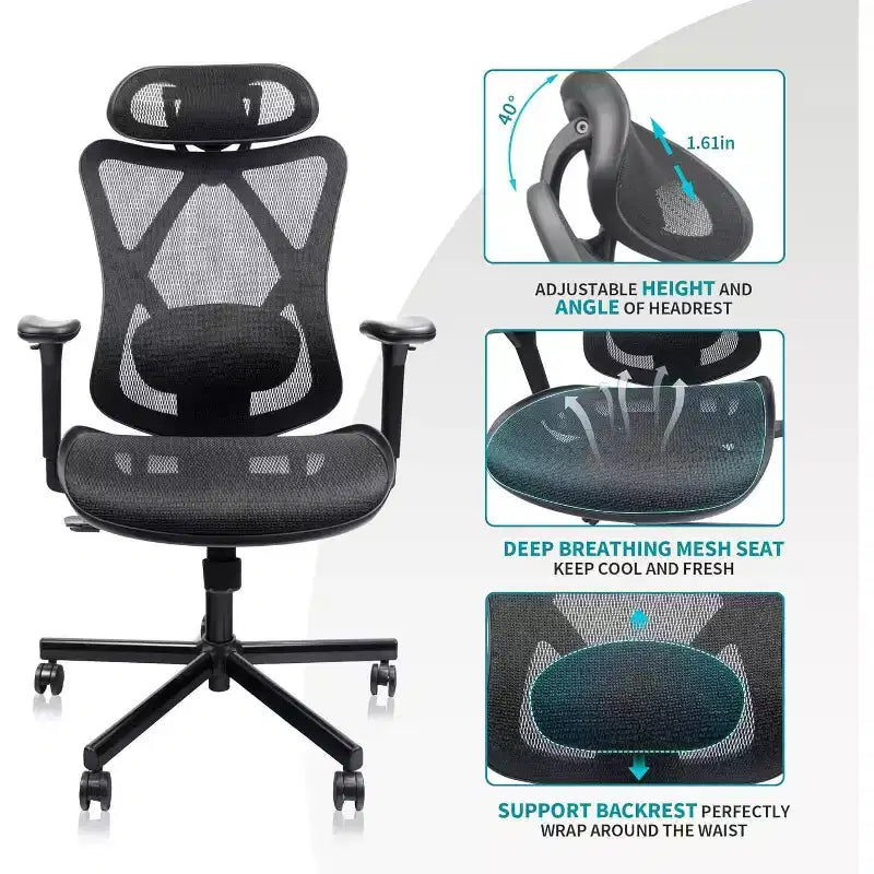 Sedia da Ufficio Ergonomica Nera in Rete con Supporto Lombare e Braccioli Regolabili, 1 Persona