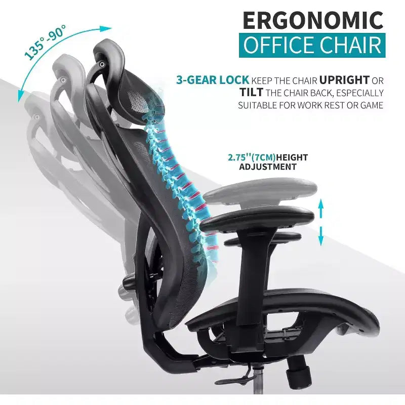 Sedia da Ufficio Ergonomica Nera in Rete con Supporto Lombare e Braccioli Regolabili, 1 Persona