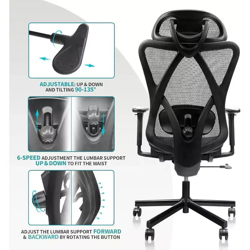 Sedia da Ufficio Ergonomica Nera in Rete con Supporto Lombare e Braccioli Regolabili, 1 Persona