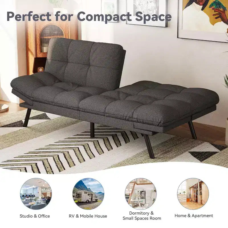 Divano Letto Futon Convertibile a 2 Posti in Lino Blu / Grigio Scuro / Grigio Chiaro