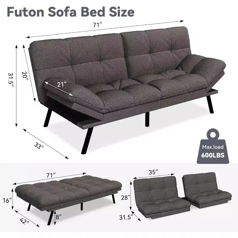 Divano Letto Futon Convertibile a 2 Posti in Lino Blu / Grigio Scuro / Grigio Chiaro