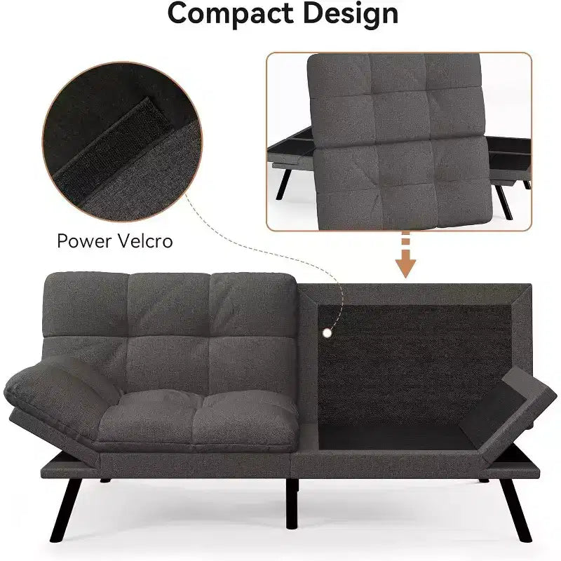 Divano Letto Futon Convertibile a 2 Posti in Lino Blu / Grigio Scuro / Grigio Chiaro