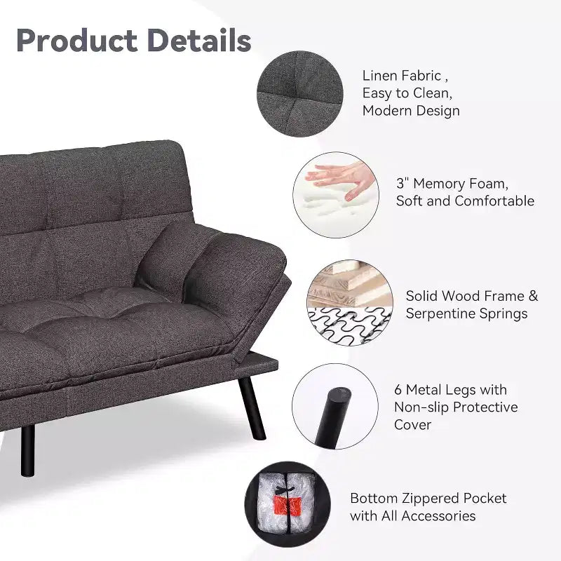 Divano Letto Futon Convertibile a 2 Posti in Lino Blu / Grigio Scuro / Grigio Chiaro
