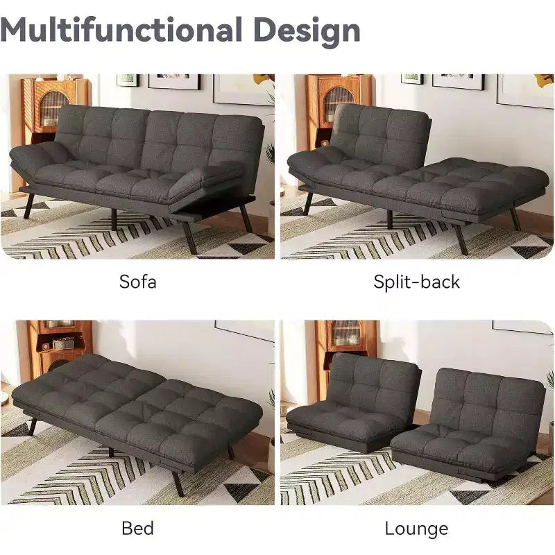 Divano Letto Futon Convertibile a 2 Posti in Lino Blu / Grigio Scuro / Grigio Chiaro