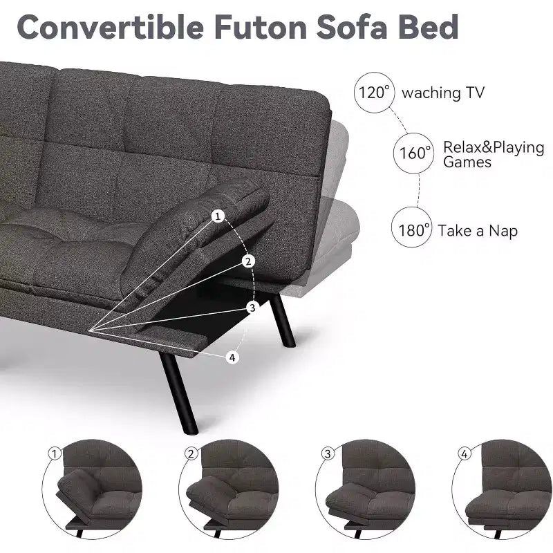 Divano Letto Futon Convertibile a 2 Posti in Lino Blu / Grigio Scuro / Grigio Chiaro