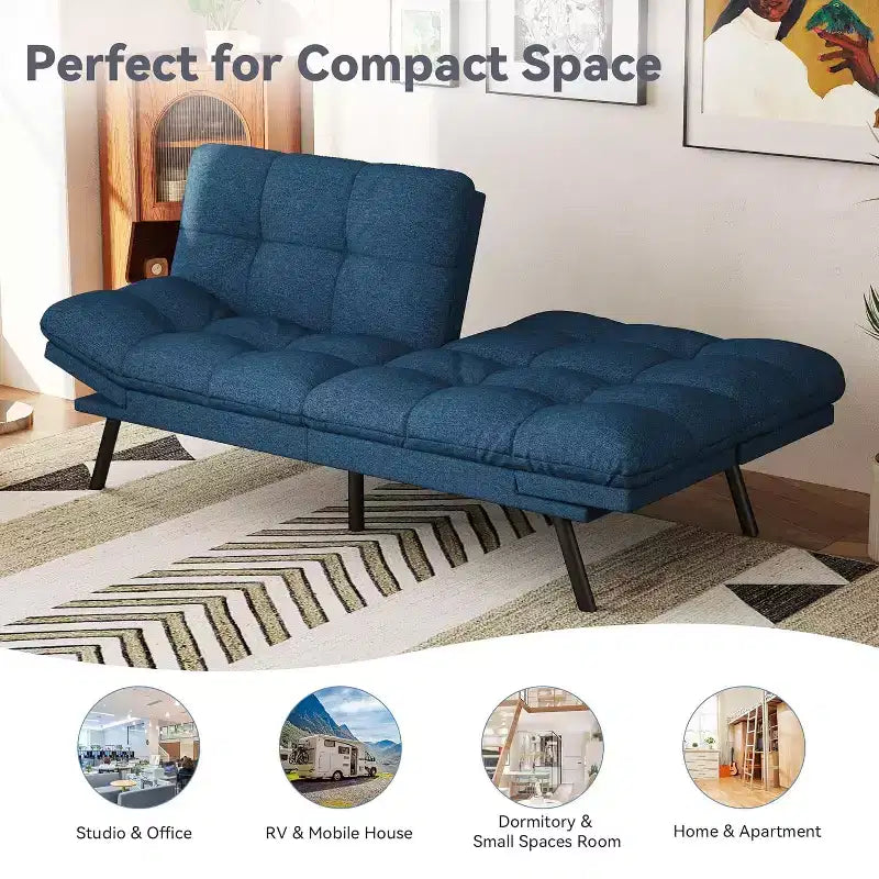Divano Letto Futon Convertibile a 2 Posti in Lino Blu / Grigio Scuro / Grigio Chiaro