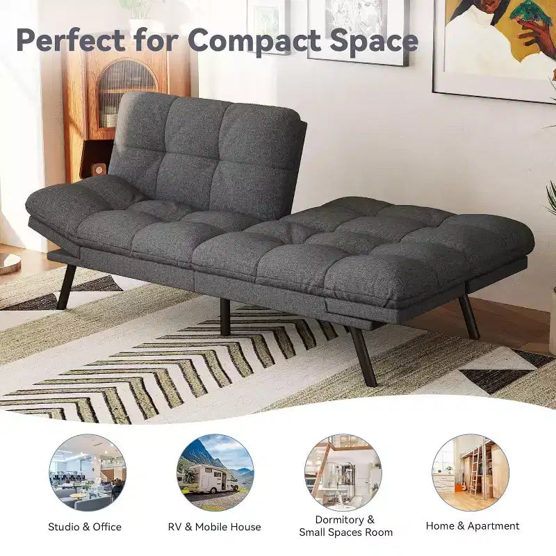 Divano Letto Futon Convertibile a 2 Posti in Lino Blu / Grigio Scuro / Grigio Chiaro
