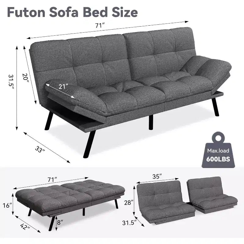 Divano Letto Futon Convertibile a 2 Posti in Lino Blu / Grigio Scuro / Grigio Chiaro