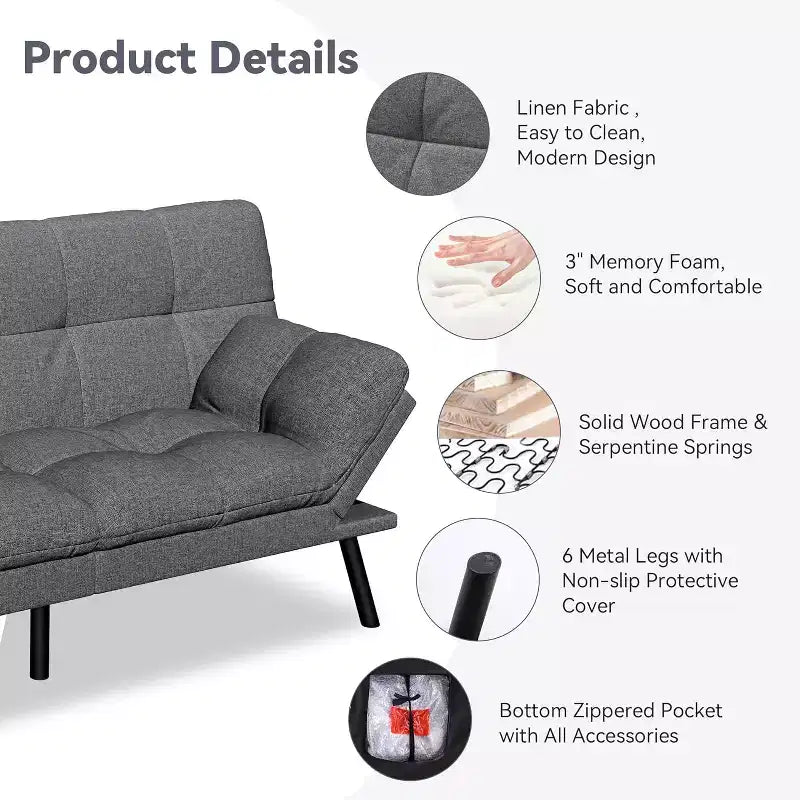 Divano Letto Futon Convertibile a 2 Posti in Lino Blu / Grigio Scuro / Grigio Chiaro