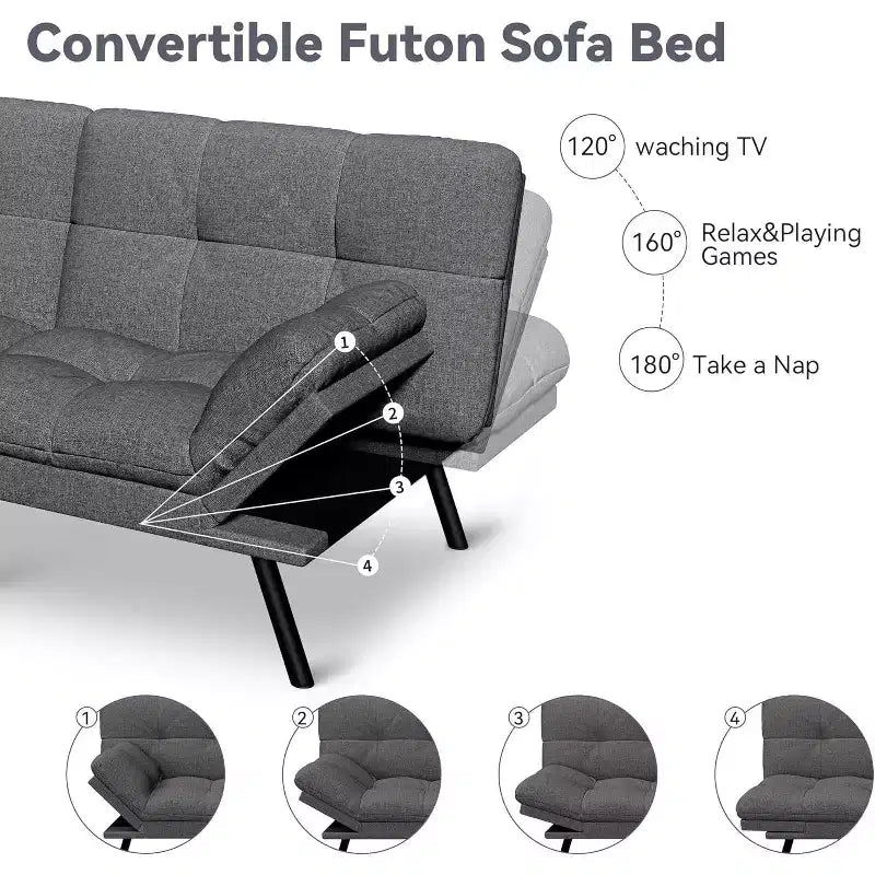 Divano Letto Futon Convertibile a 2 Posti in Lino Blu / Grigio Scuro / Grigio Chiaro