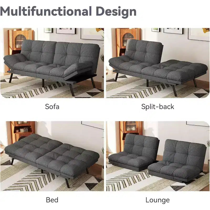 Divano Letto Futon Convertibile a 2 Posti in Lino Blu / Grigio Scuro / Grigio Chiaro