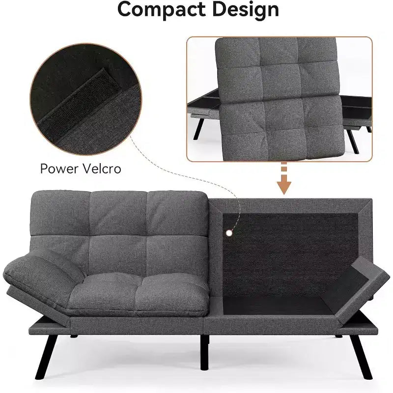 Divano Letto Futon Convertibile a 2 Posti in Lino Blu / Grigio Scuro / Grigio Chiaro