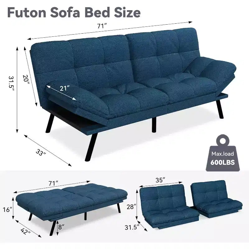 Divano Letto Futon Convertibile a 2 Posti in Lino Blu / Grigio Scuro / Grigio Chiaro