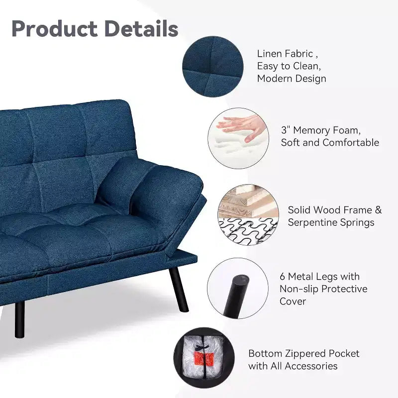 Divano Letto Futon Convertibile a 2 Posti in Lino Blu / Grigio Scuro / Grigio Chiaro