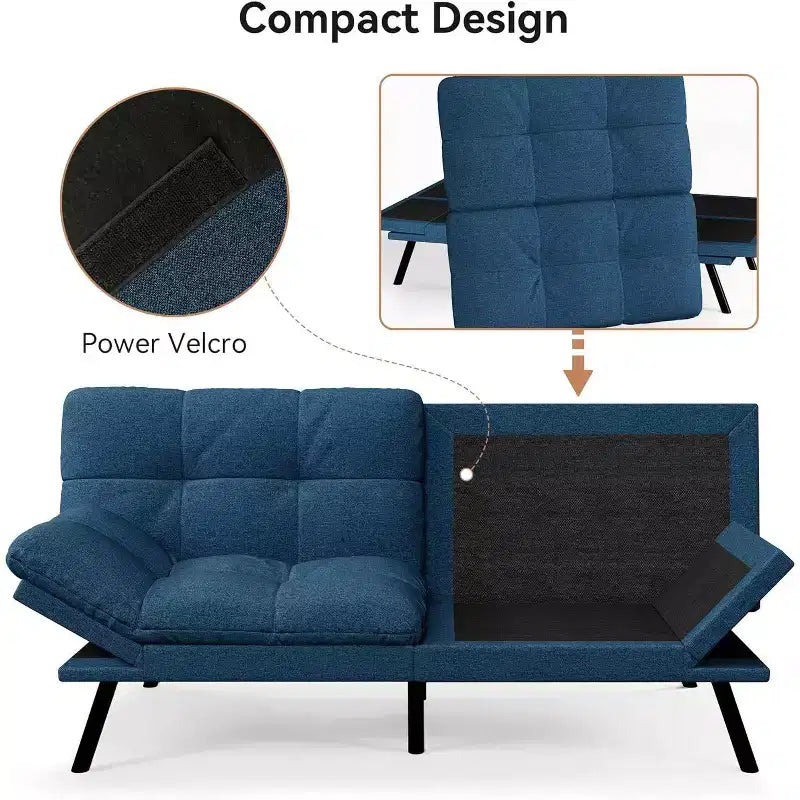Divano Letto Futon Convertibile a 2 Posti in Lino Blu / Grigio Scuro / Grigio Chiaro