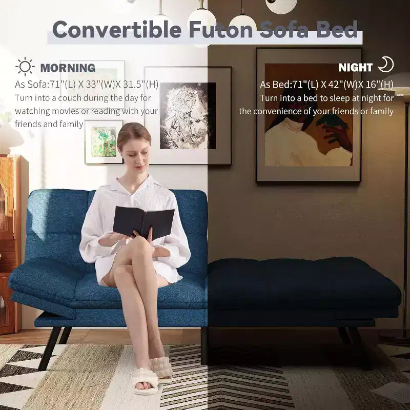 Divano Letto Futon Convertibile a 2 Posti in Lino Blu / Grigio Scuro / Grigio Chiaro