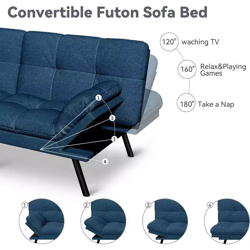 Divano Letto Futon Convertibile a 2 Posti in Lino Blu / Grigio Scuro / Grigio Chiaro