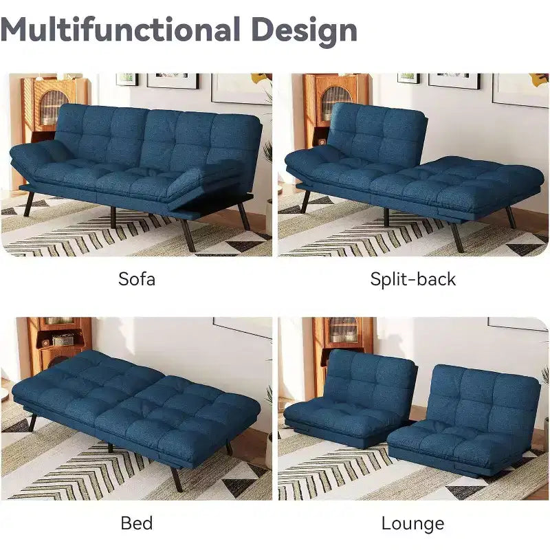 Divano Letto Futon Convertibile a 2 Posti in Lino Blu / Grigio Scuro / Grigio Chiaro