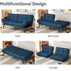 Divano Letto Futon Convertibile a 2 Posti in Lino Blu / Grigio Scuro / Grigio Chiaro